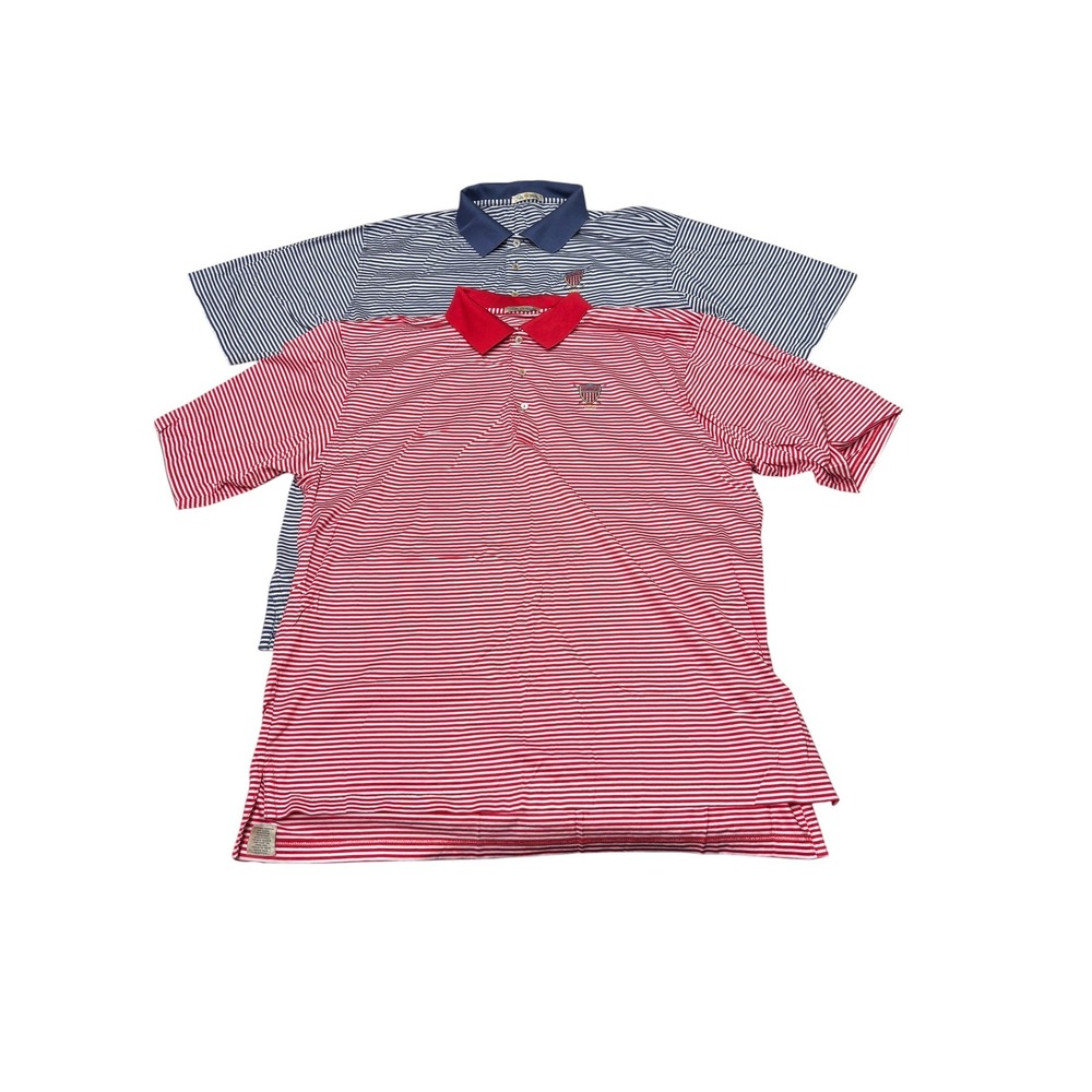Lot 2 Peter Millar Mens XL ASGA Golf Polo Shirts Striped Mercerized Red‎ Blue